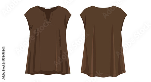Elegant women's sleeveless v-neck brown tunic top casual attire vector illustration presenting both front and back views for fashion garment design