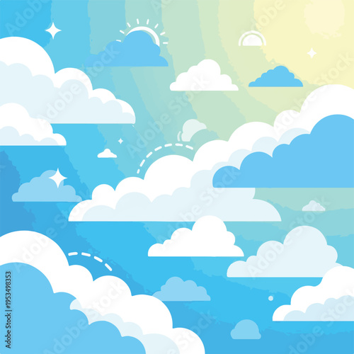 A cartoon sky featuring puffy clouds, stars, and the sun