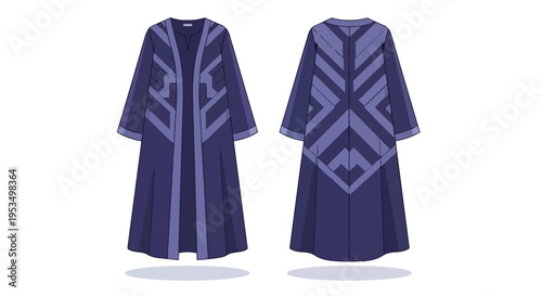 Front and back view of a distinctive dark purple long flowing robe featuring intricate light purple geometric patterns an original elegant garment