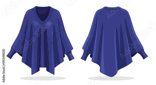 Modern indigo knit poncho with wide sleeves and v-neck design elegant cozy winter fashion apparel front and back view minimalist stylish clothing