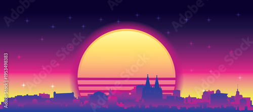 Purple generic retro futuristic synthwave panoramic poster of the city skyline with misty background sunset buildings of COLOGNE, GERMANY