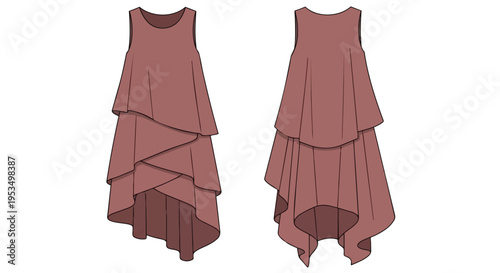 Elegant layered fashion illustration of a sleeveless flowy dress or tunic with asymmetrical high-low hemline showcasing contemporary garment design