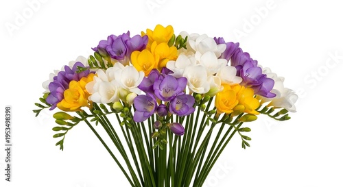 Freesia bouquet with mixed yellow, white, and purple flowers