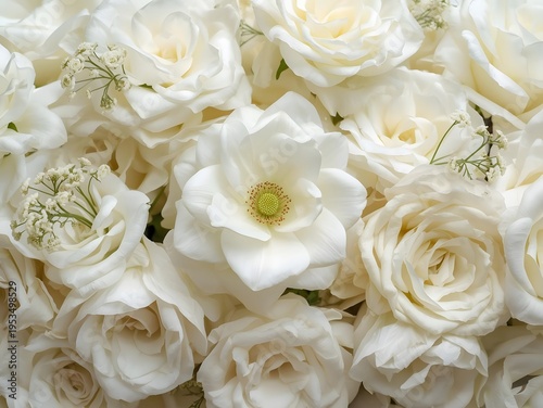 Beautiful arrangement of white roses and tiny white blooms