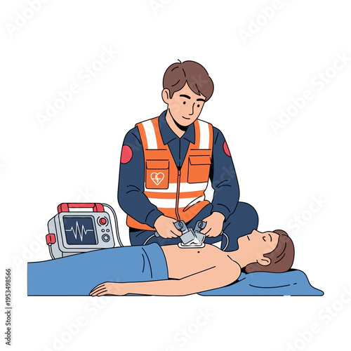 Paramedic Using Defibrillator for Emergency Resuscitation Illustration