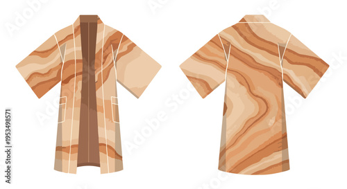 Earthy patterned open front cardigan illustration featuring flowing abstract wave designs in warm natural tones perfect for stylish comfortable