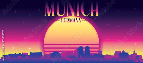 Purple generic retro futuristic synthwave panoramic poster of the city skyline with misty background sunset buildings of MUNICH, GERMANY