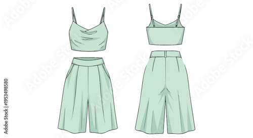 Technical fashion illustration of a chic two-piece summer outfit featuring a cowl neck crop top and wide-leg culottes