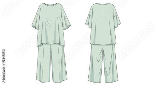 A clear technical sketch of a two-piece casual ensemble: a loose short-sleeve top and wide-leg pants. Front and back views are provided for apparel