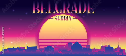 Purple generic retro futuristic synthwave panoramic poster of the city skyline with misty background sunset buildings of BELGRADE, SERBIA