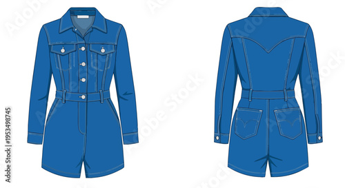 Detailed technical flat fashion sketch of a contemporary women's blue denim romper with long sleeves, front and back views. Ideal for showcasing