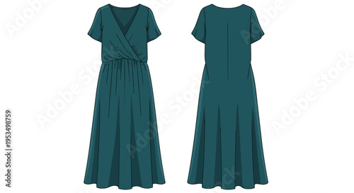 A detailed illustration of a timeless teal wrap maxi dress, presenting its flattering V-neckline and elegant pleats for versatile fashion creation.