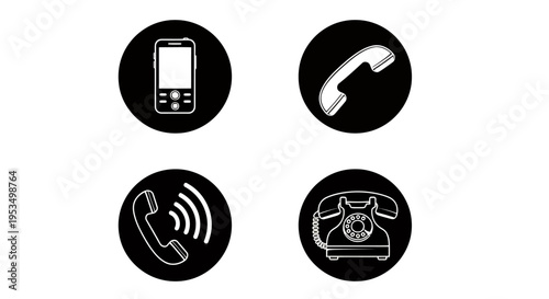 Set of four communication icons featuring mobile phone, landline receiver, headset, and vintage telephone in circular black badges.