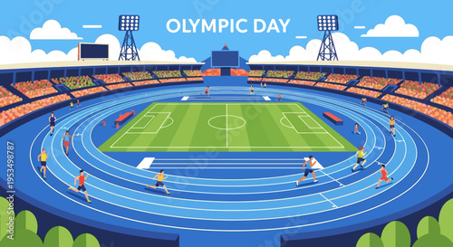 Runners on blue track field stadium.