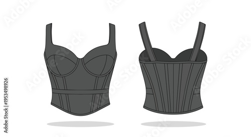 Technical flat drawing of a women's structured gray bustier top, front and back views, for apparel design