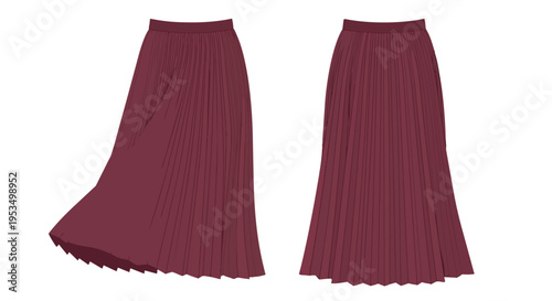 Elegant burgundy pleated skirt in two detailed views, highlighting its sophisticated silhouette and graceful fabric folds for versatile fashion