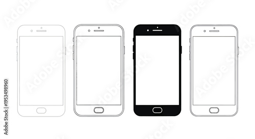 Set of smartphone mockups in white and black designs for technology presentation.