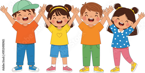 Happy Kids Raising Hands Cute Children Cartoon Characters Vector Illustration