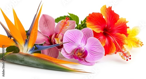 Tropical flower arrangement with bird of paradise, orchids, and hibiscus