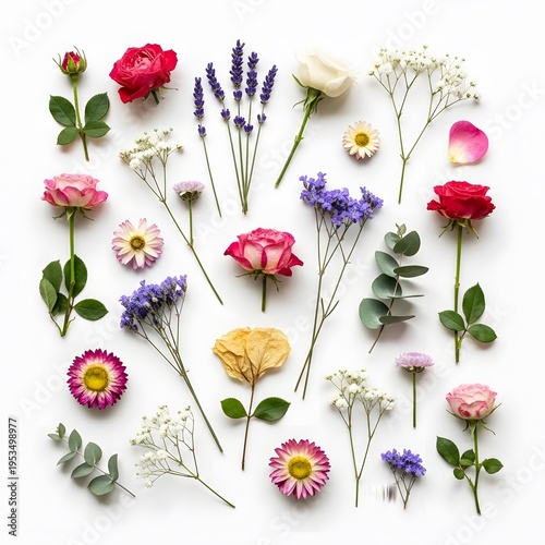 Vibrant, flat-lay floral arrangement with roses, lavender, daisies