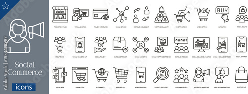 32 Social Commerce and Digital Marketing Icons Minimalist Line Art for Online Shopping, Influencer Promotion, and E Commerce Strategy