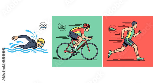 Triathlete in different sports actions.
