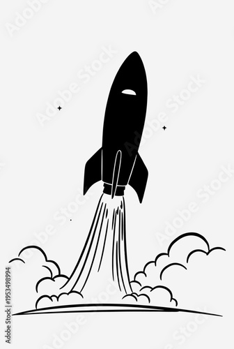 A sleek black rocket launching into the sky, leaving a trail of smoke and fire against a white background, symbolizing innovation and exploration
