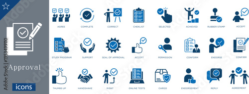 24 Approval and Validation Icons  Two Tone Vector Set for Business Agreements, Quality Control, Success, and Digital Verification