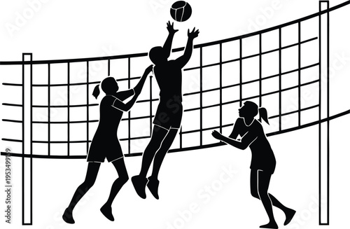 Volleyball team blocking silhouette, three players jumping at net, coordinated defense action, high contrast black and white vector illustration, bold sports clip art