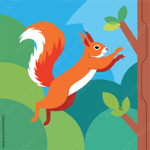 A cartoon squirrel leaping in a stylized forest scene