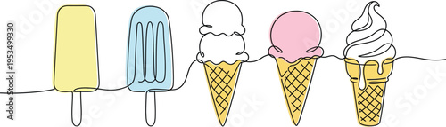Ice Cream and Popsicle Line Art Vector, Summer Dessert Collection, Sweet Treat Illustration