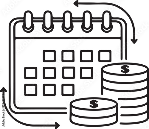 Minimal payment icon with calendar and money, representing installment plans and recurring billing systems.