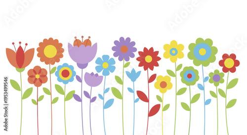 A vibrant collection of diverse cartoon flowers in full bloom.