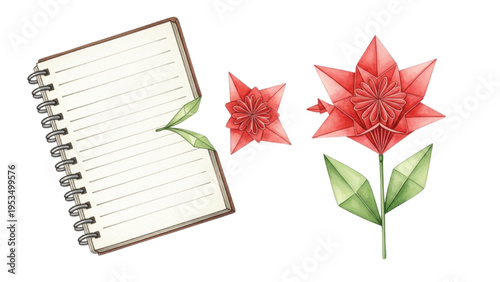 Origami Flower with Spiral Notebook Watercolor Illustration Creative Paper Craft Minimal Education Concept