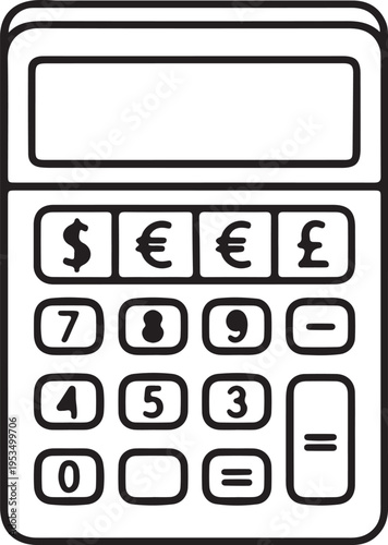 Thin line icon of loan calculator with numbers and currency symbol, representing financial calculations