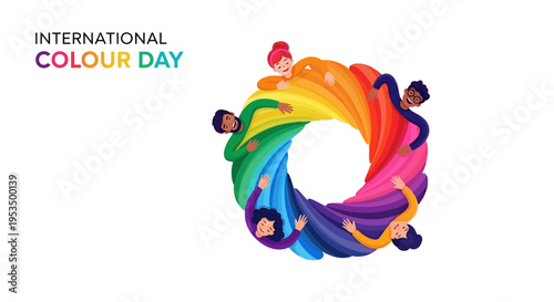 Vector illustration of people celebrating International Colour Day with colorful swirling design on white background.