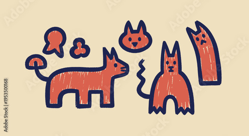 Abstract red cat-like figures with blue outlines in various poses.