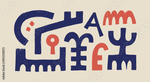 Abstract shapes and symbols in a playful composition.