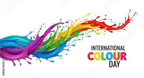 Vibrant paint splashes in rainbow colors celebrating International Colour Day with a colorful design on a white background.