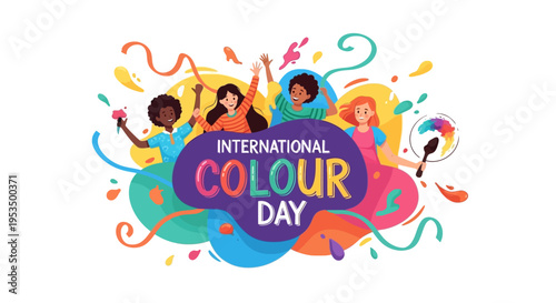 Vibrant illustration of people celebrating International Colour Day with colorful design elements and vector graphics.