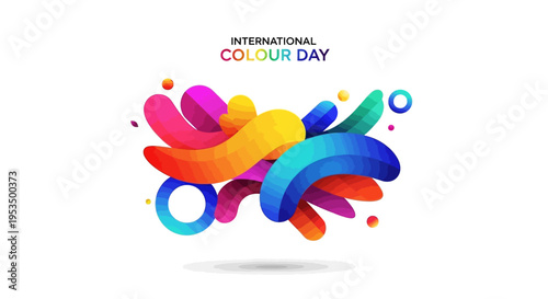 Vibrant illustration celebrating International Colour Day with colorful shapes and text on a white background, promoting color awareness and design.