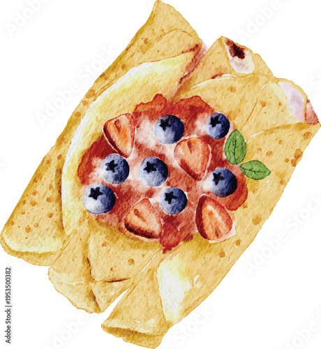 Hand-Painted Watercolor Rolled Crepes Topped with Fresh Blueberries and Strawberry Jam
