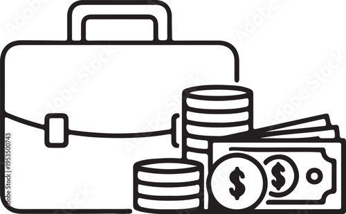 Simple line icon of business loan with briefcase and currency symbol, representing startup funding