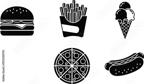 Fast food icons set including burger, french fries, ice cream, pizza and hot dog, black silhouette restaurant menu symbols