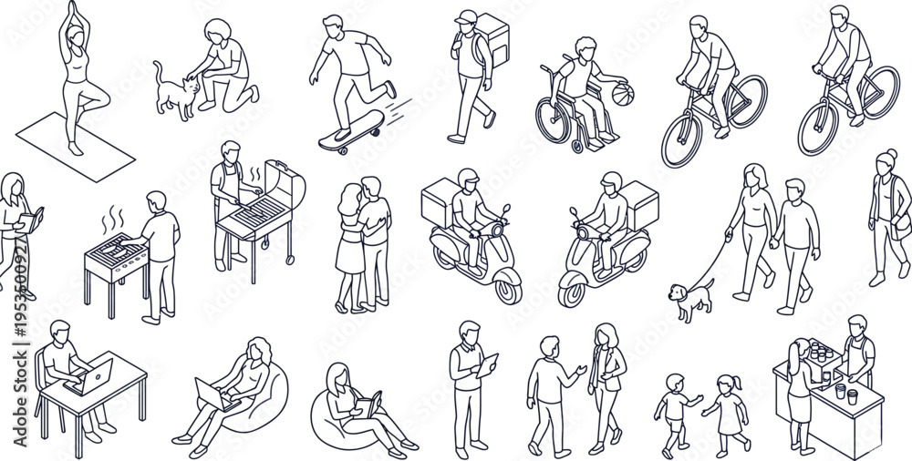 Fototapeta premium People Daily Activities Line Art Vector Set, Human Actions and Lifestyle Outline Icons Collection