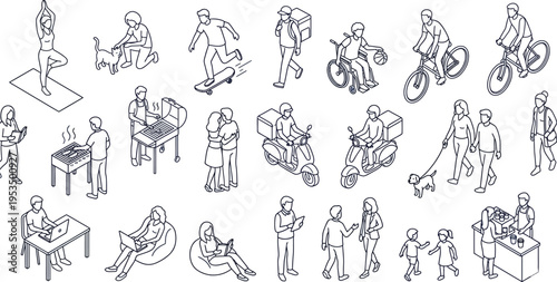 People Daily Activities Line Art Vector Set, Human Actions and Lifestyle Outline Icons Collection