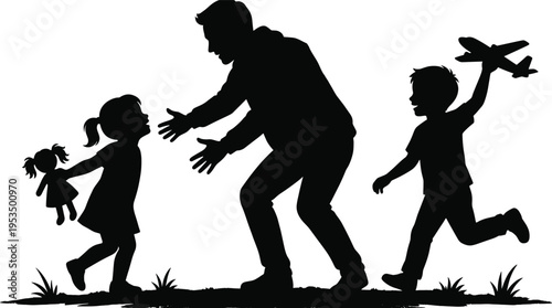Father playing with children silhouette, dad welcoming daughter and son with toy airplane, happy family bonding concept isolated
