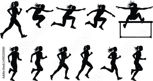 Female athlete running and jumping silhouettes track and field training hurdle jump sport fitness motion vector illustration set