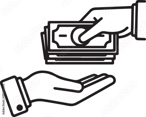 Simple outline icon of money loan with hand receiving cash. Perfect for finance, lending services,