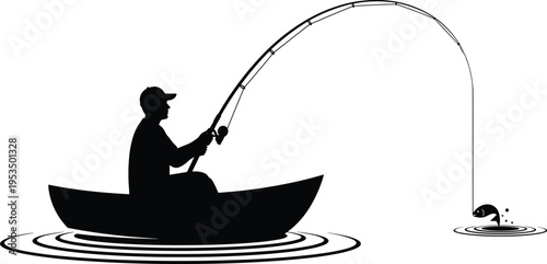 Fisherman catching fish silhouette, angler in boat with fishing rod, lake fishing scene, outdoor hobby vector illustration